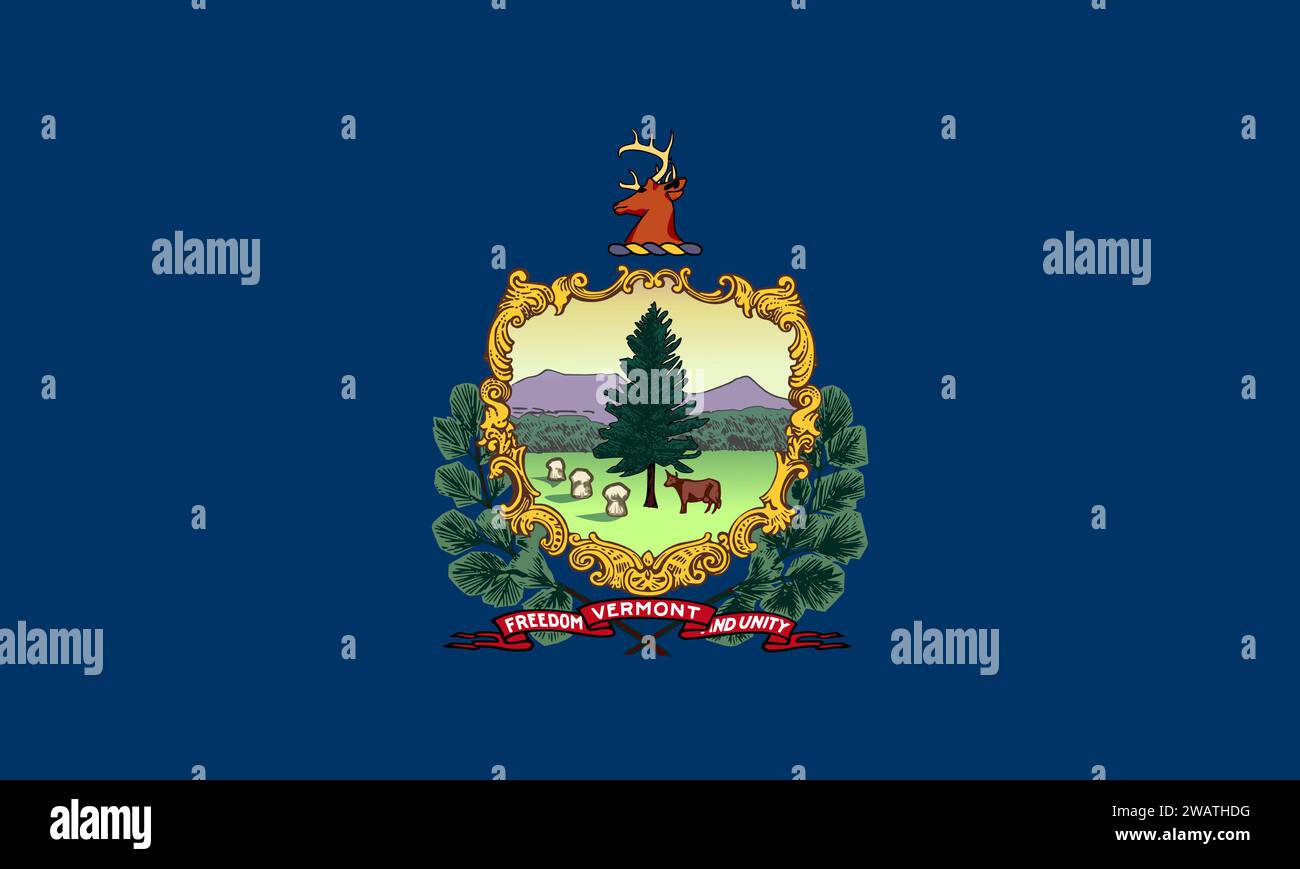 Hohe detaillierte Flagge von Vermont. Vermont-Staatsflagge, nationale Vermont-Flagge. Flagge des Bundesstaates Vermont. USA. Amerika. Stockfoto