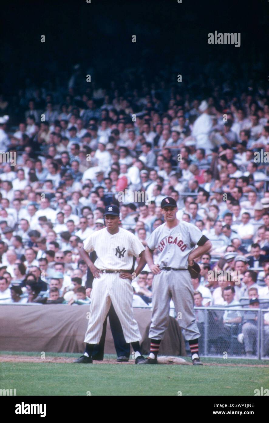 BRONX, NY – 19. JUNI: Elston Howard #32 der New York Yankees wird vom ersten Baseman Walt Dropo #8 der Chicago White Sox während eines MLB-Spiels am 19. Juni 1955 im Yankee Stadium in der Bronx, New York, ausgetragen. (Foto von Hy Peskin) *** örtlicher Bildtitel *** Elston Howard;Walt Dropo Stockfoto