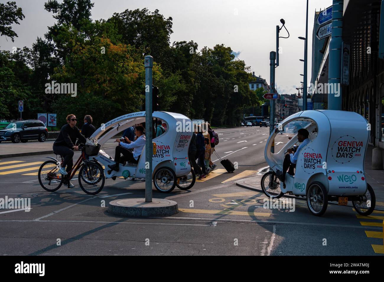 Welo Taxibike bietet einzigartige Erlebnisse auf zahlreichen Themenfahrten in Genf City in der Schweiz Stockfoto