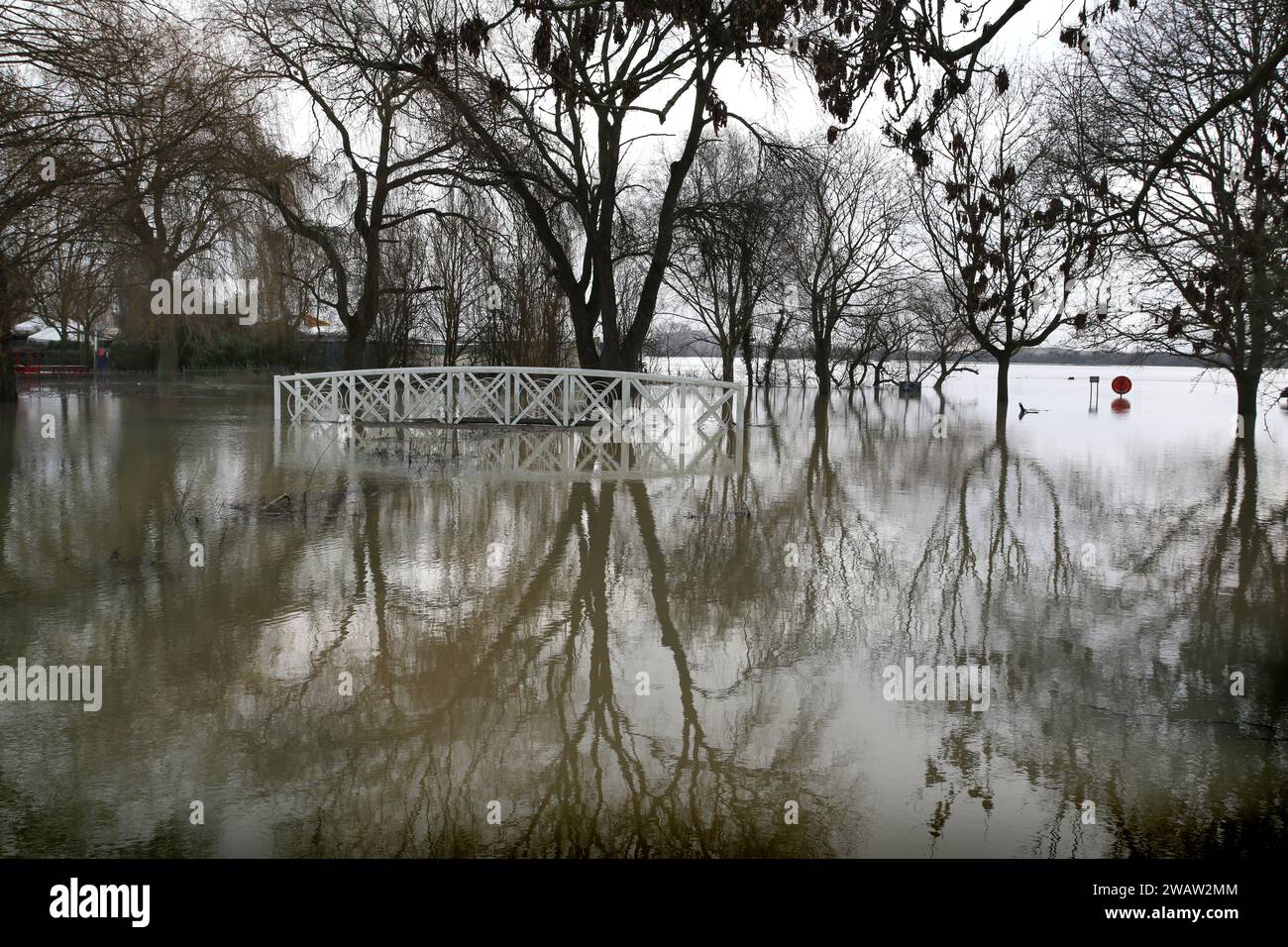 Huntingdon, Großbritannien. Januar 2024. Die kunstvoll verzierte Brücke im Park am Flussufer liegt mitten im Hochwasser, während der Fluss Great Ouse bei Huntingdon seine Ufer sprengt. Hochwasserwarnmeldungen bleiben bestehen, da die Gewässer im Osten Englands nach Sturm Henk weiter steigen. Die wichtigsten Flüsse der Fluss Great Ouse und der Fluss Nene sind über ihre Ufer geplatzt und in die umliegende Landschaft gespült, und mit voll ausgelasteten Abflüssen werden sie wieder in Wohngebieten eingesetzt. Quelle: SOPA Images Limited/Alamy Live News Stockfoto