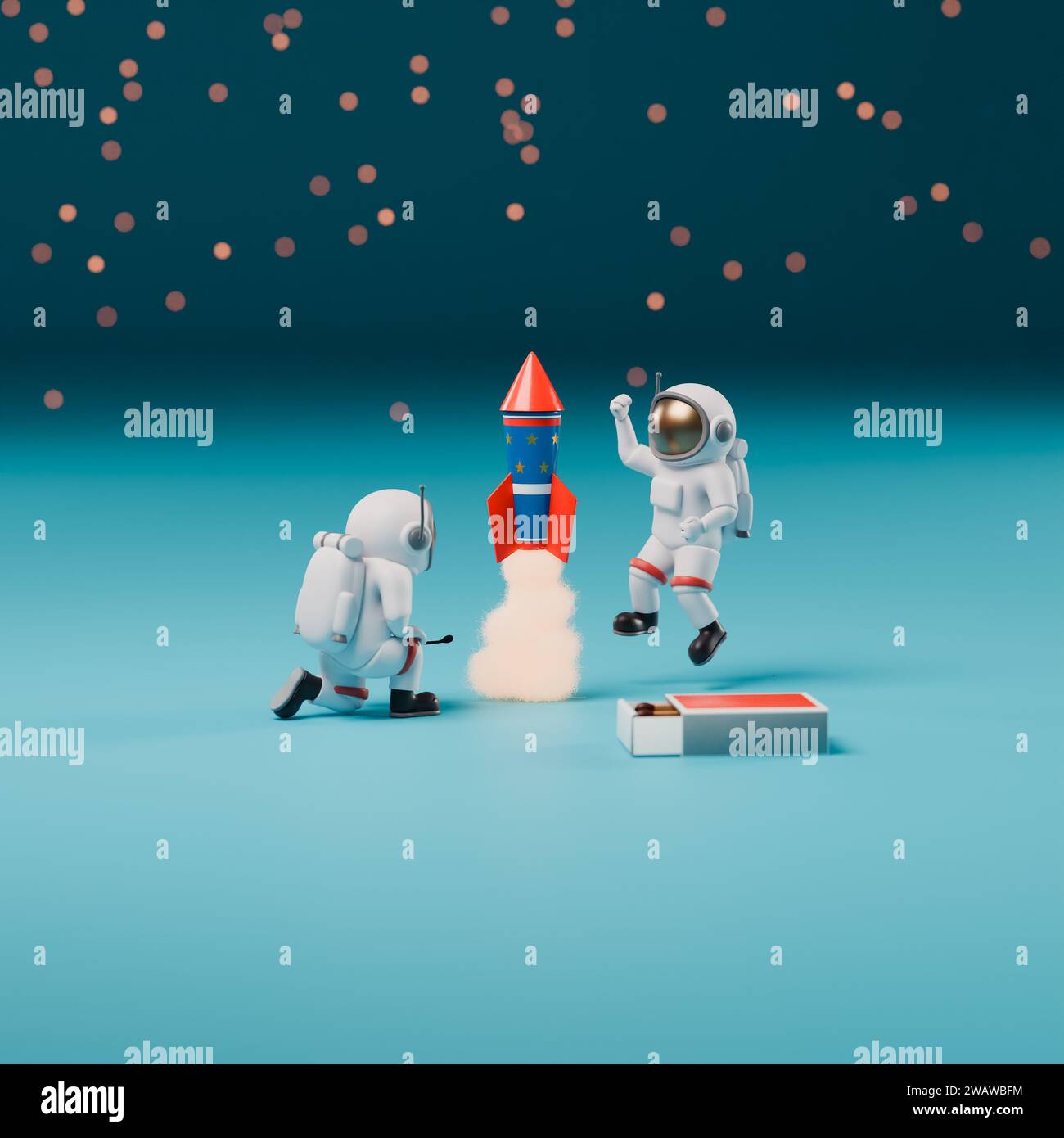 Zwei Astronauten feiern das neue Jahr mit einem Raketenfeuerwerk Stockfoto