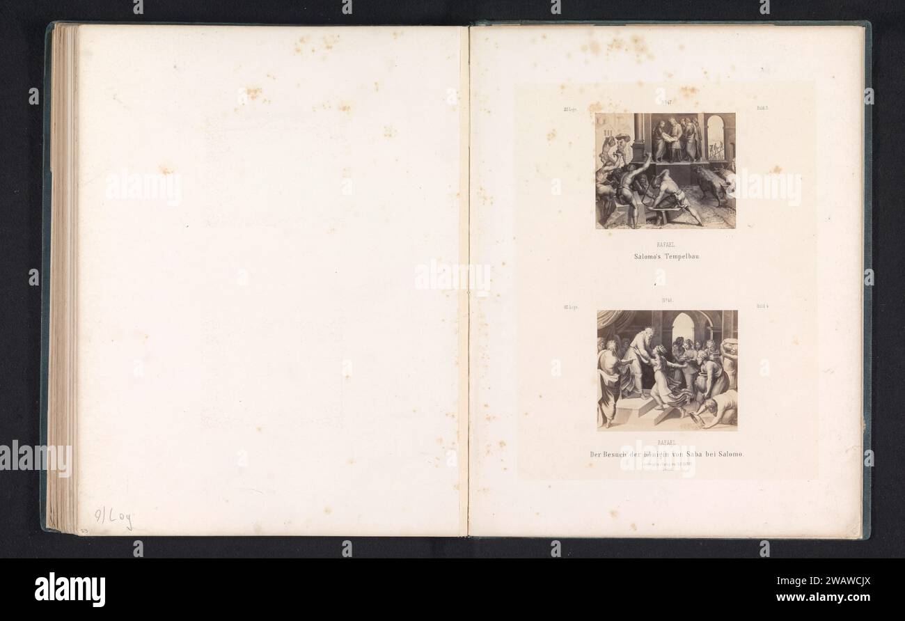 Fotoproduktionen von Druckgrafiken auf Fresken mit Darstellungen des Baus des Tempels von Salomon und der Königin von Seba, die Salomon besucht, von Rafaël für die Loggien im Vatikan, Gustav Schauer, nach Anonym, nach Rafaël, c. 1851 - in oder vor 1861 Fotografie Berlin fotografischer Trägeralbumendruck Solomon baut einen Tempel für heidnische Götter. Salomo und die Königin von Saba (1 Könige 10:1-3; 2 Chroniken 9:1-9) Stockfoto