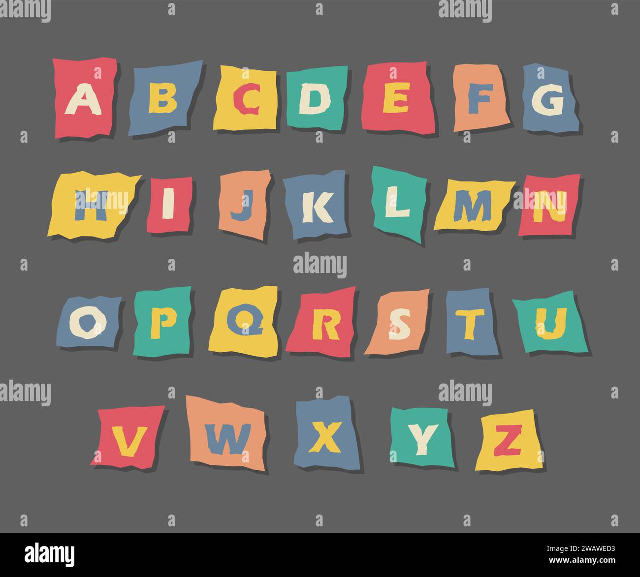 Collage-Zeitung, Alphabet. Kriminelle Briefe aus Zeitungen und Zeitschriften. Anonyme oder detektive Schriftart. Vektorillustration im Retro-Stil Stock Vektor