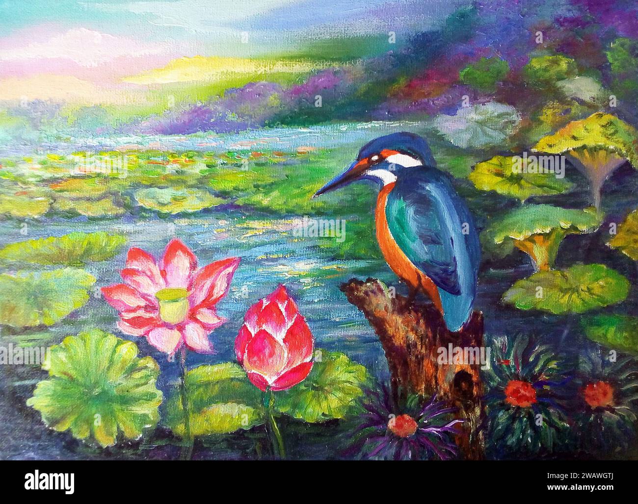 kingfisher Bird Ölgemälde, die auf den Lotusteich schauen Stockfoto