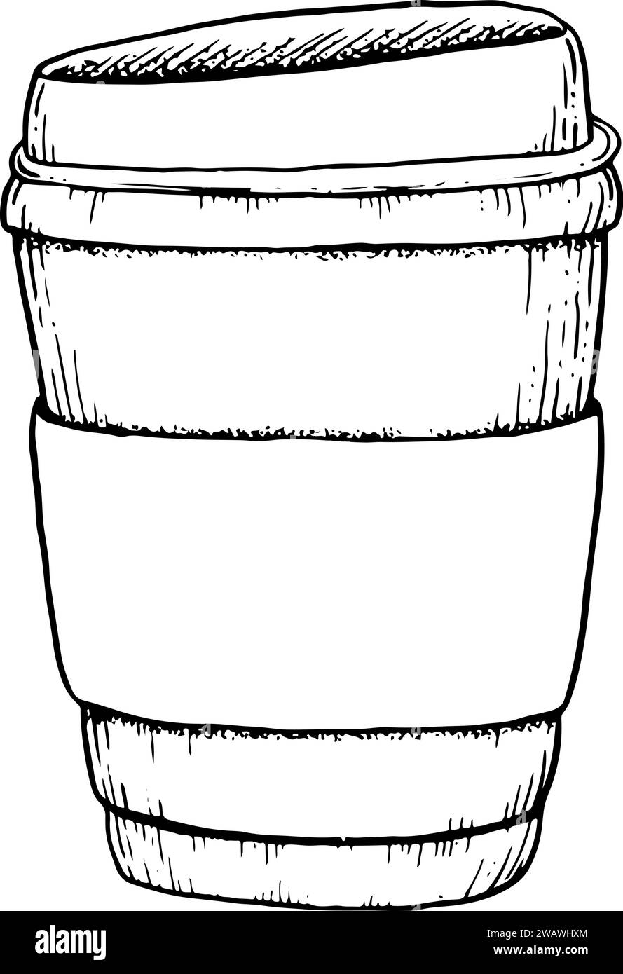 Vektor Papier Kaffeetasse für zum Mitnehmen Schwarz-weiß Illustration für heiße Getränke mit Deckel und Getränkehalter. Kaffeeschablone Stock Vektor