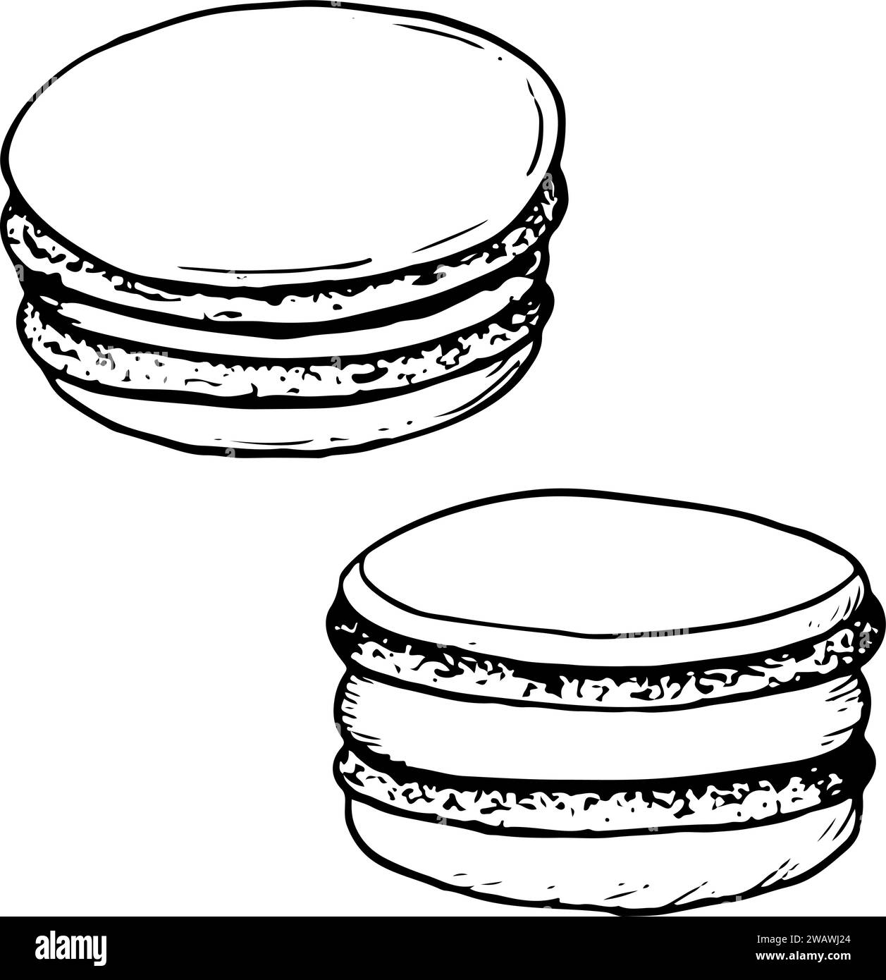 Vektor-Makronen-Schwarzweiß-Grafik-Illustration. Köstliches Dessert für Café und Bäckereien Stock Vektor