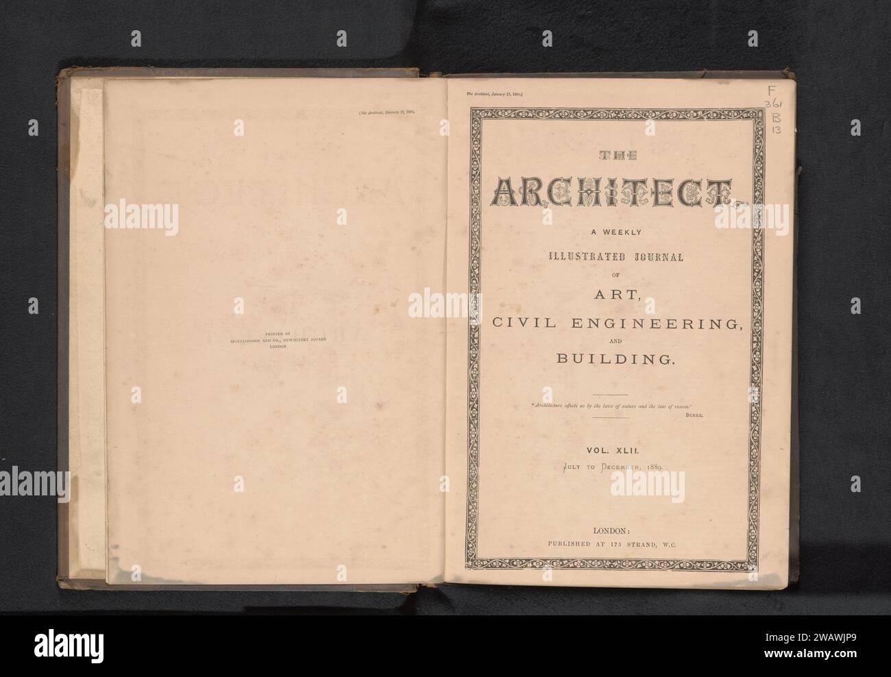 The Architect : eine wöchentliche Zeitschrift für Kunst, Bauingenieurwesen und Gebäude, Spottiswoode & Co., 1889 Zeitschrift London Paper. Leinendruck/Fotolithografie Stockfoto