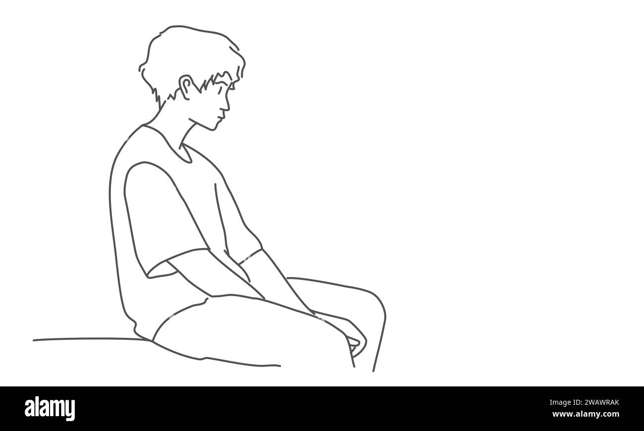 Trauriger Teenager, der allein sitzt. Handgezeichnete Vektorgrafik. Schwarz-weiß. Stock Vektor