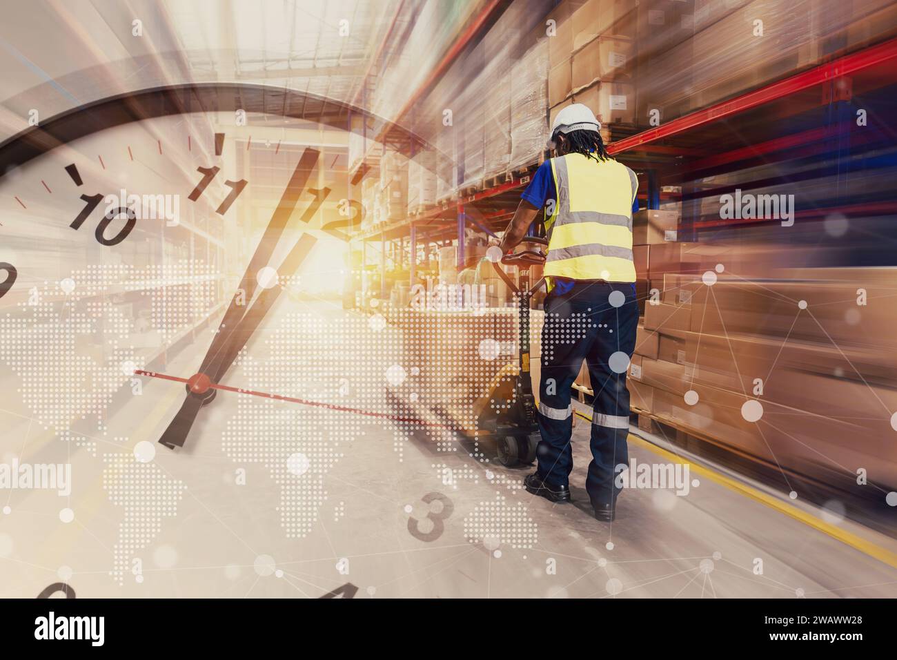 Lagerarbeiter beeilen sich schnell versenden Produkte in der Zeit Uhr Geschäftszeiten Overlay Supply Delivery Shipping Fast Speed Concept Stockfoto