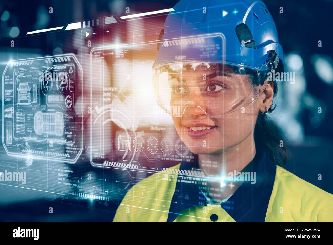 Ingenieur Frauen Industriefabrik Chef trägt AR Headset Designs Prototyp Elektroauto auf holographischem Gerät. Futuristisches Virtual Design-Technolo Stockfoto