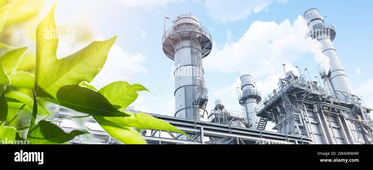 Öko-Kraftwerk für umweltfreundliche Industrie. Carbon Credit Factory gute Umwelt Ozon Luft niedriger CO2-Fußabdruck breit für Banner. Stockfoto