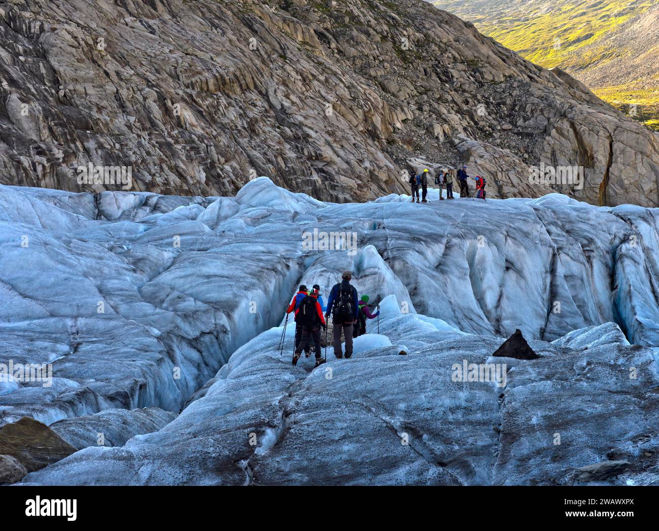 Wanderer auf einer Gletscherwanderung auf dem Großen Aletschgletscher, UNESCO-Weltkulturerbe Schweizer Alpen Jungfrau-Aletsch, Wallis, Schweiz Stockfoto