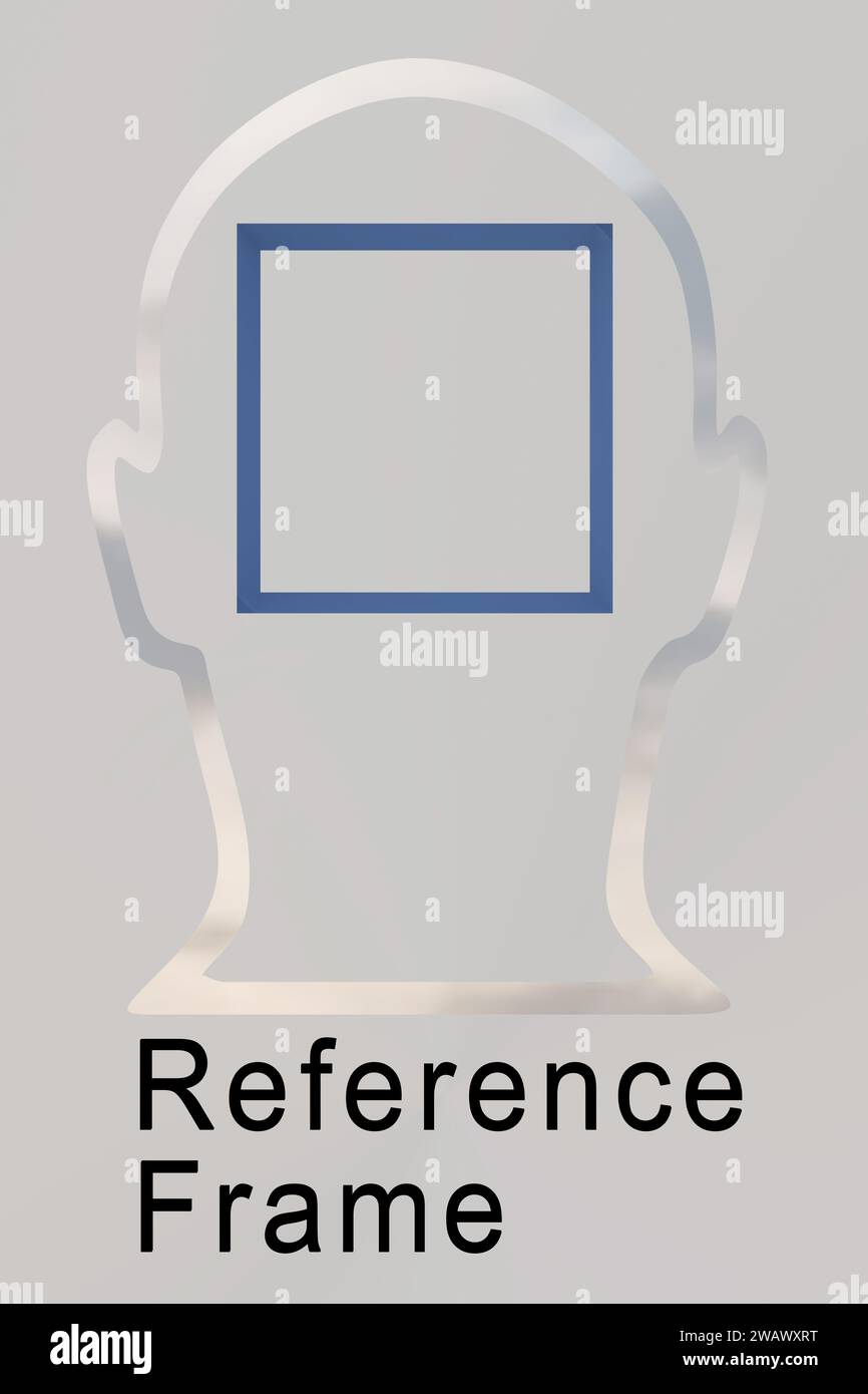 3D-Illustration eines blauen Rahmens in einer Kopfsilhouette mit dem Titel Referenzrahmen. Stockfoto