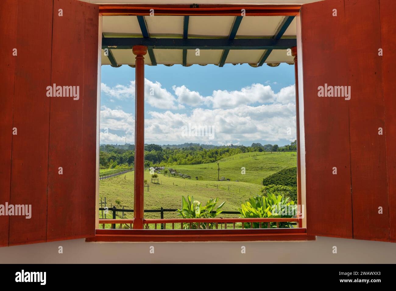Blick auf Kolumbien ländliches Land mit Kühen aus dem Häuschen Fenster - Stockfoto Stockfoto