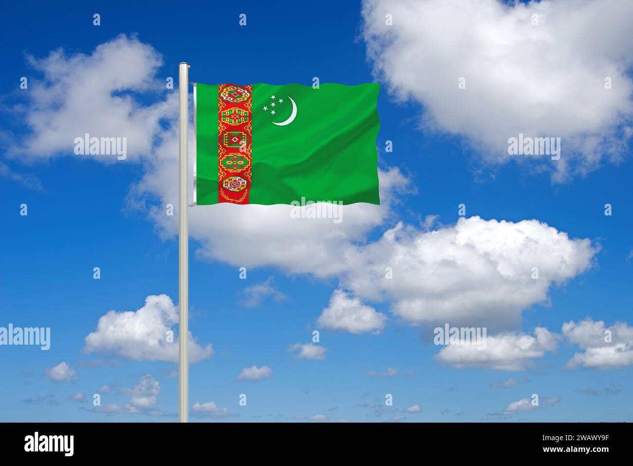 Die Flagge Turkmenistans, Zentralasien, ehemals Teil der Sowjetrepublik, Studio Stockfoto