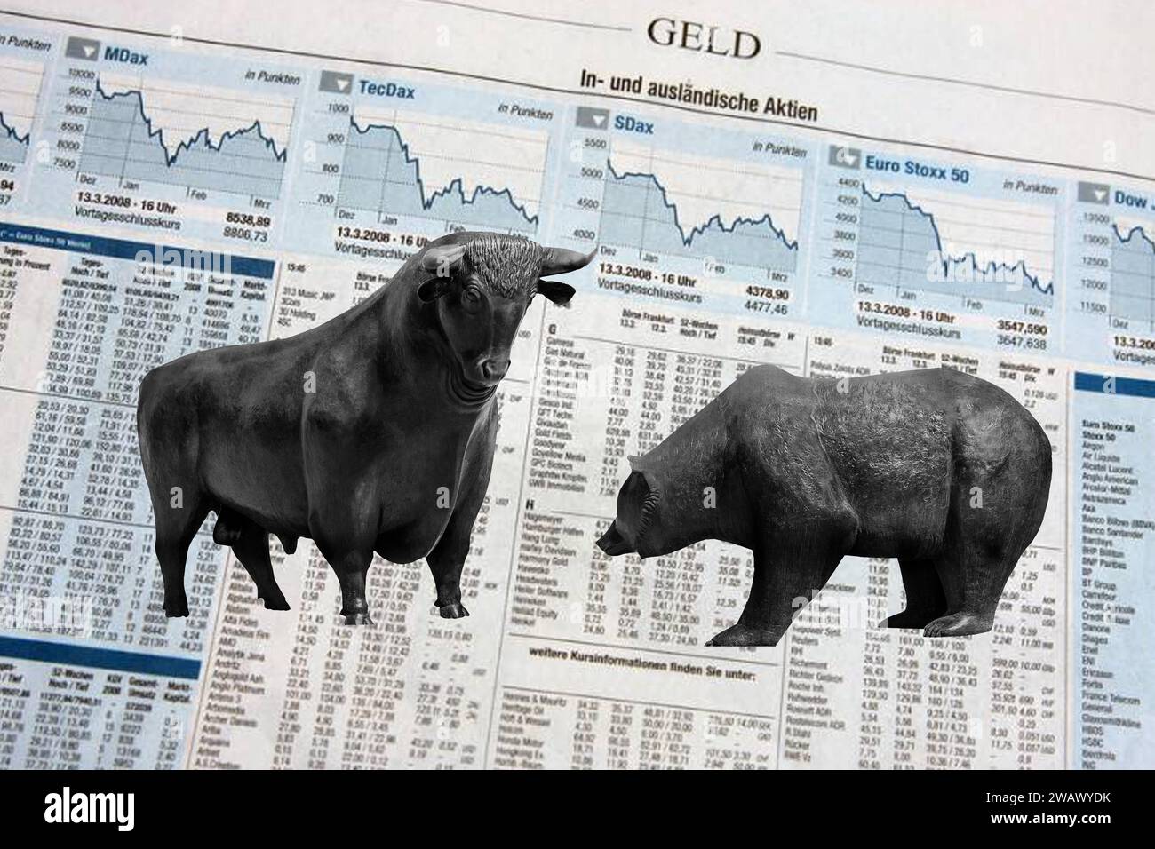 Stier und Bär, symbolische Figuren der Börse, Studio Stockfoto