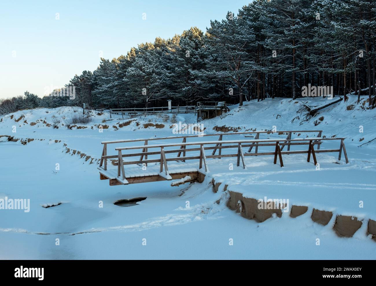 Ein zerrissener Pfad inmitten der Winterumarmung – eine kaputte Brücke am verschneiten Ufer, die stillen Zeugen von Kiefern ist. Stockfoto