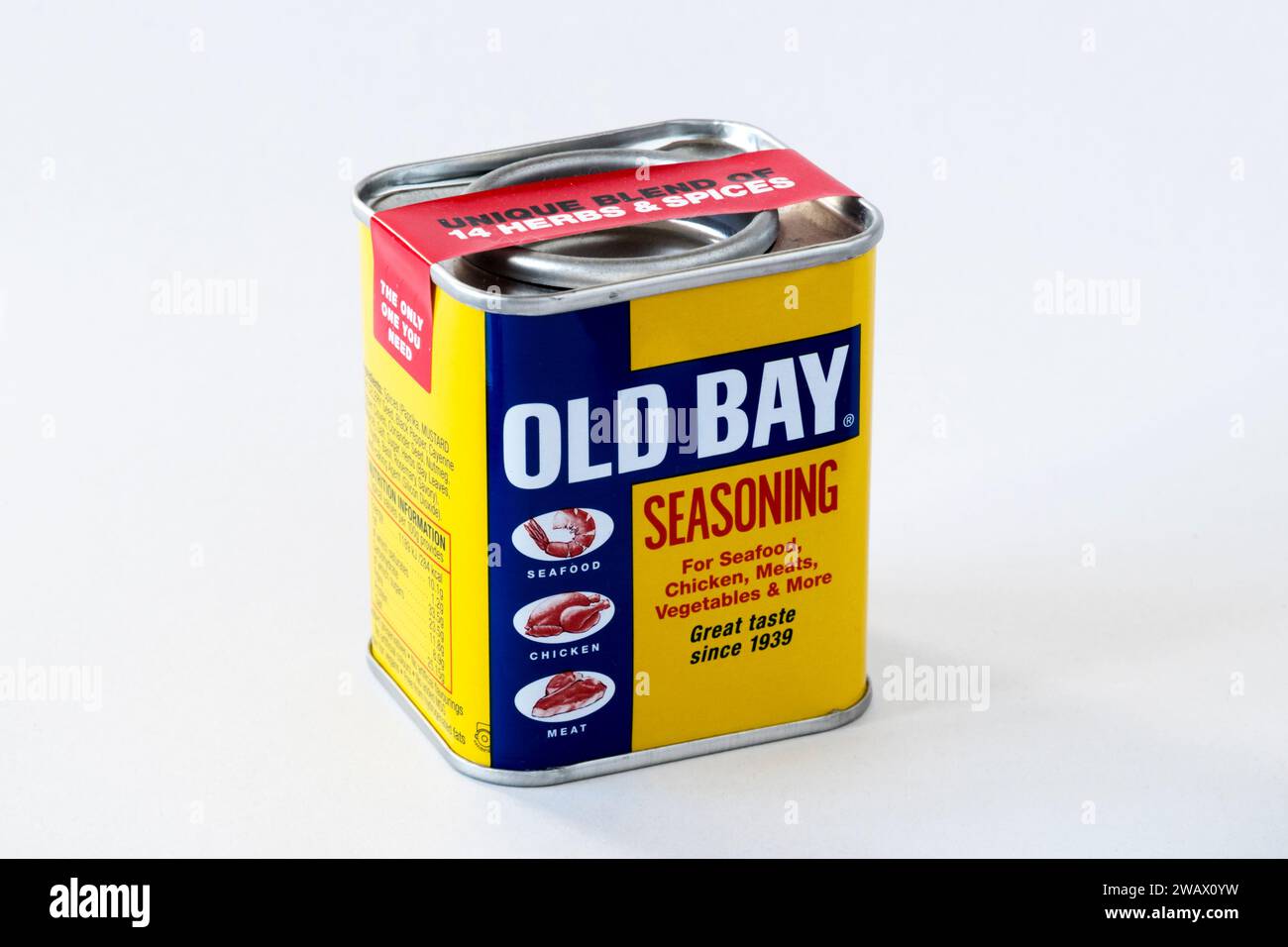Eine Dose Old Bay Gewürz. Hergestellt von McCormick & Company aus Baltimore, Maryland, USA. Erstmals 1939 hergestellt. Stockfoto