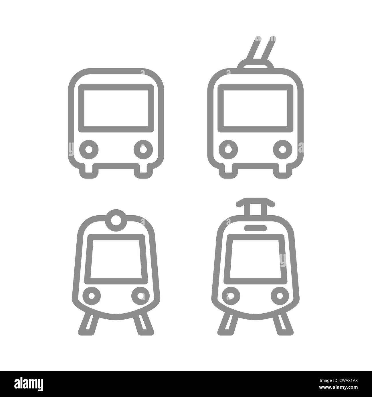Vektorsymbole für öffentliche Verkehrsmittel. Bus-, Straßenbahn-, Zug- und U-Bahn-Symbol-Set. Bearbeitbare Kontur. Stock Vektor