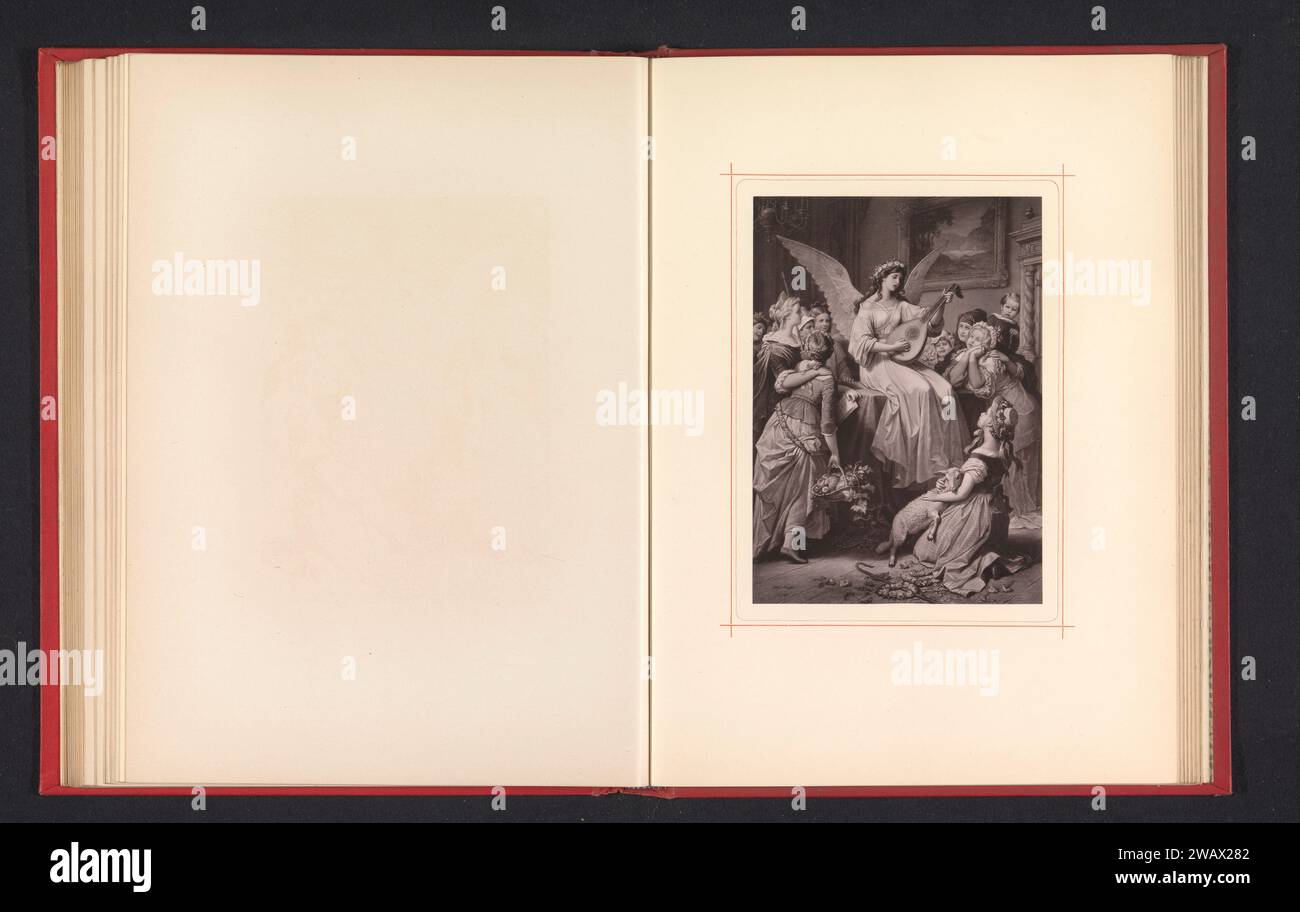 Fotoproduktion einer Zeichnung, die einen singenden Engel mit einer Laute zwischen Kindern darstellt, Anonym, nach Wilhelm von Kaulbach, um 1875 - in oder vor 1880 photomechanischen Druckpapierkollotypenenengeln. Laute und spezielle Lautenformen, z. B. Theorbo. Kind Stockfoto