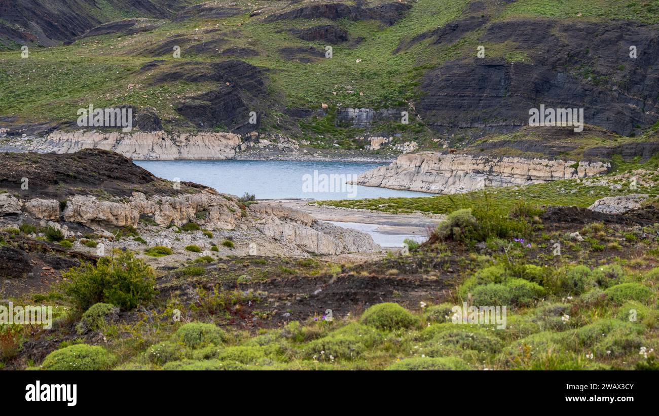 Thrombolite-Formationen am Sarmiento-See, Nationalpark Torres del Paine, Chile Stockfoto