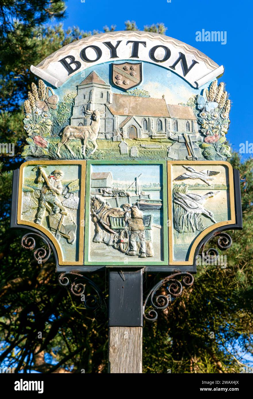 Dorfschild, Boyton, Suffolk, England, Großbritannien Stockfoto