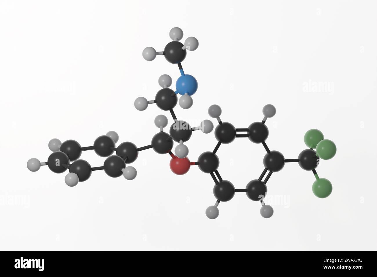 Kugel- und Stabmodell des Fluoxetinmoleküls mit Doppelbindungen dargestellt, vor weißem Hintergrund Stockfoto