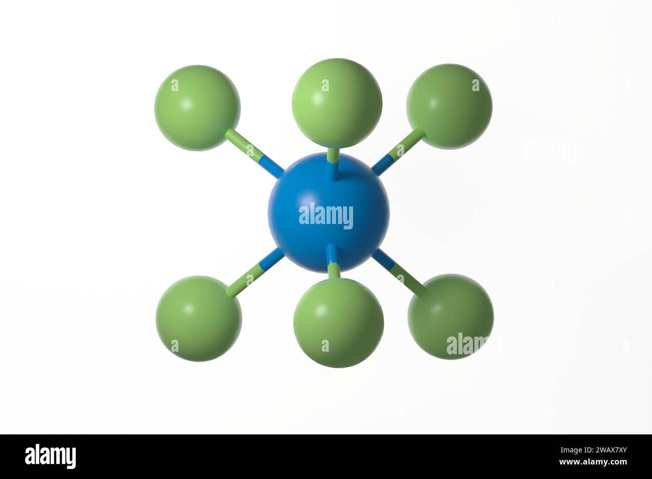 Kugel- und Stabmodell des Plutoniumhexafluorid-Moleküls vor weißem Hintergrund Stockfoto