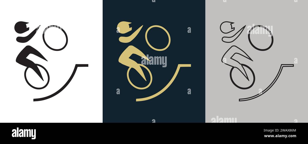 Radfahren BMX Freestyle BMF Symbol Piktogramm auf Farbe Schwarz und weiß 3 Stil Logo Sommer Sport Event Icon Vektor Illustration abstraktes bearbeitbares Bild Stock Vektor