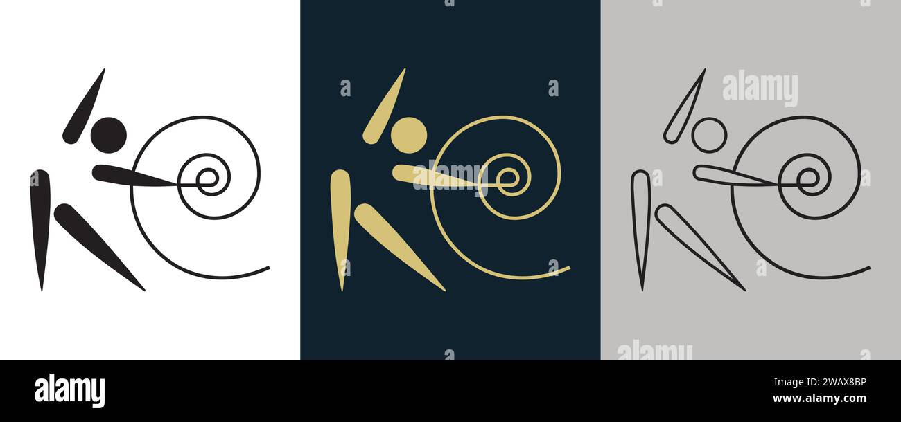 Rhythmische Gymnastik GRY Symbol Piktogramm auf Farbe Schwarz und weiß 3 Stil Logo Sommer Sport Ereignis Icon Vektor-Illustration abstraktes bearbeitbares Bild Stock Vektor