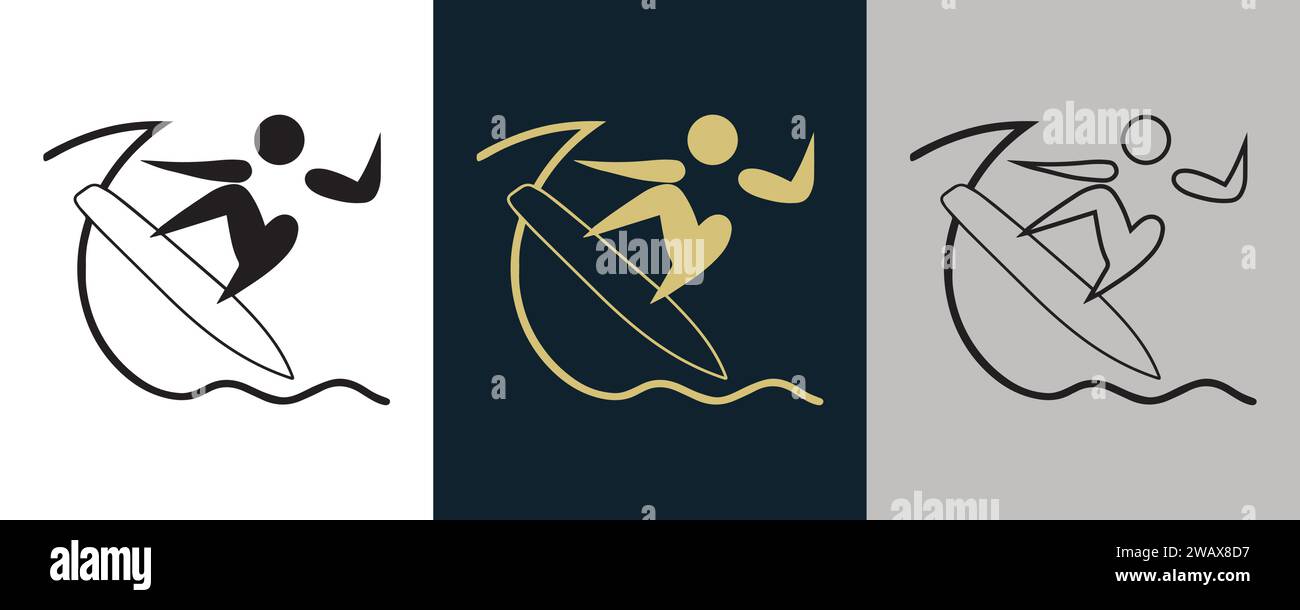 Surfendes Symbol Piktogramm auf Farbe Schwarz und weiß 3 Stil Logo Sommer Sport Ereignis Icon Vektor-Illustration abstraktes bearbeitbares Bild Stock Vektor