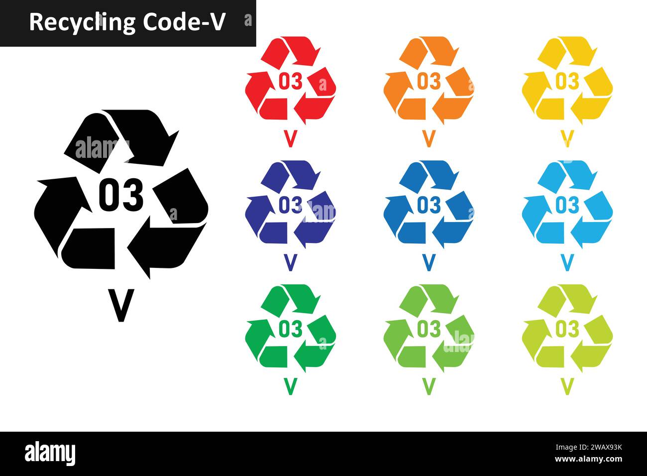 V Symbolsatz Recycling-Code aus Kunststoff. Recycling-Symbole aus Kunststoff 03 PVC. Kunststoff Recycling Code 03 Symbolsammlung in zehn verschiedenen Farben. Stock Vektor