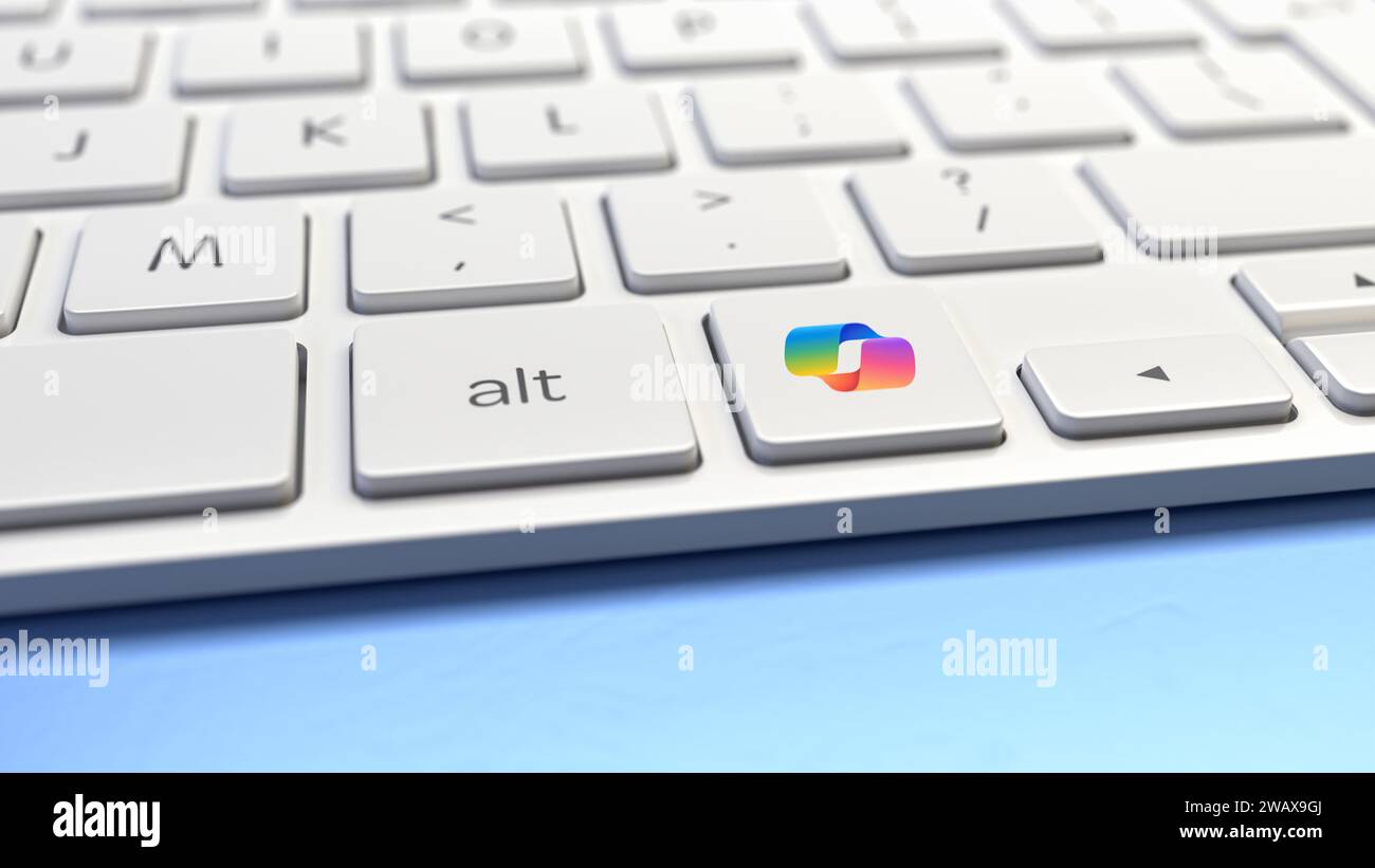 AI-Tastatur – Tastatur mit dem Microsoft Copilot-Logo Stockfoto