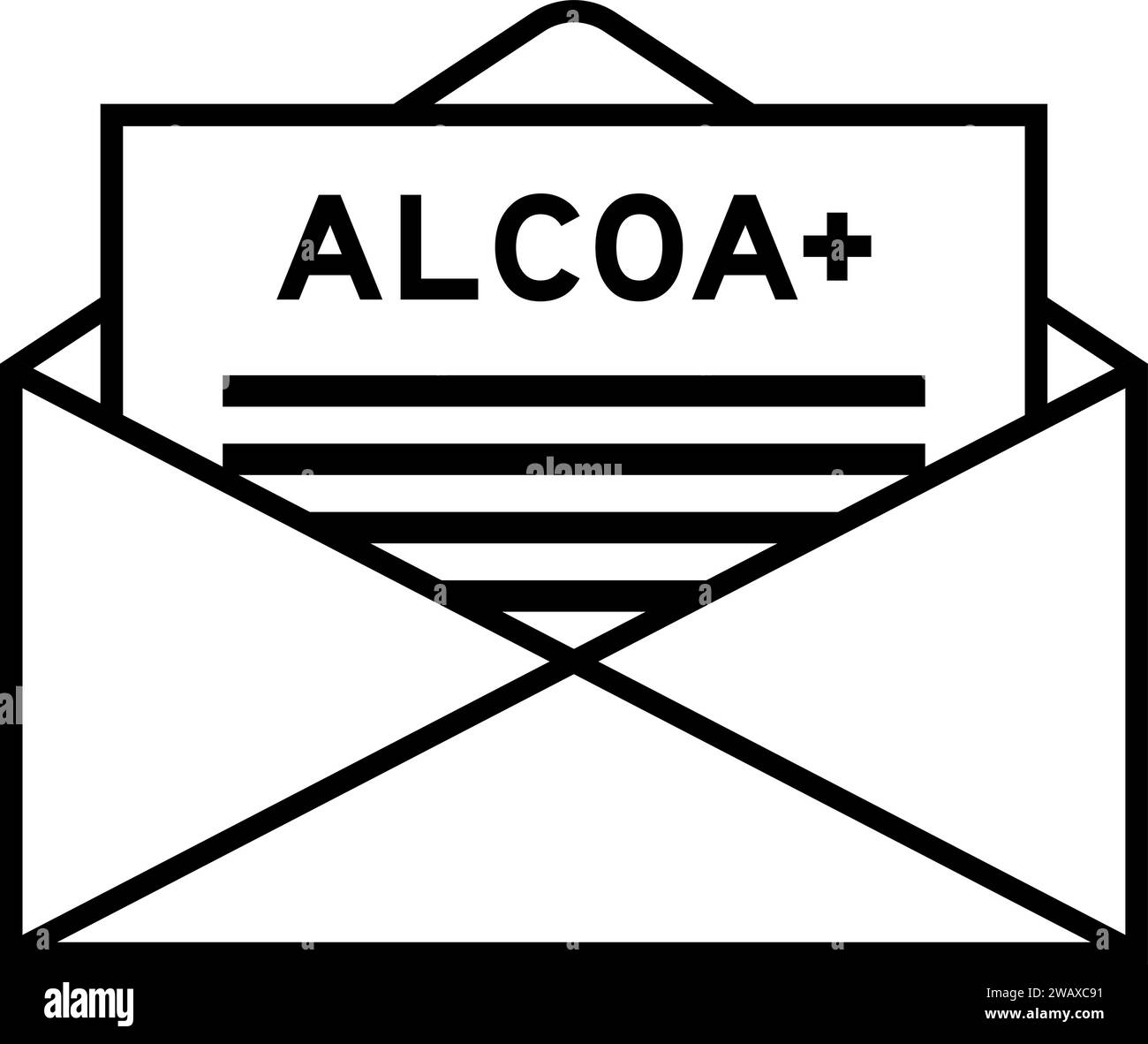 Umschlag und Buchstabenzeichen mit dem Wort ALCOA (Abkürzung für zurechenbar, lesbar, zeitgenössisch, originell und genau) plus als Überschrift Stock Vektor
