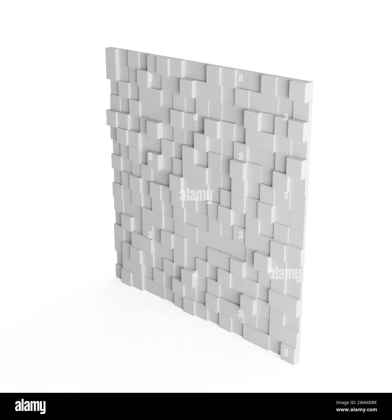 3D-Rendering einer weißen Wand aus Würfeln auf weißem Hintergrund Stockfoto