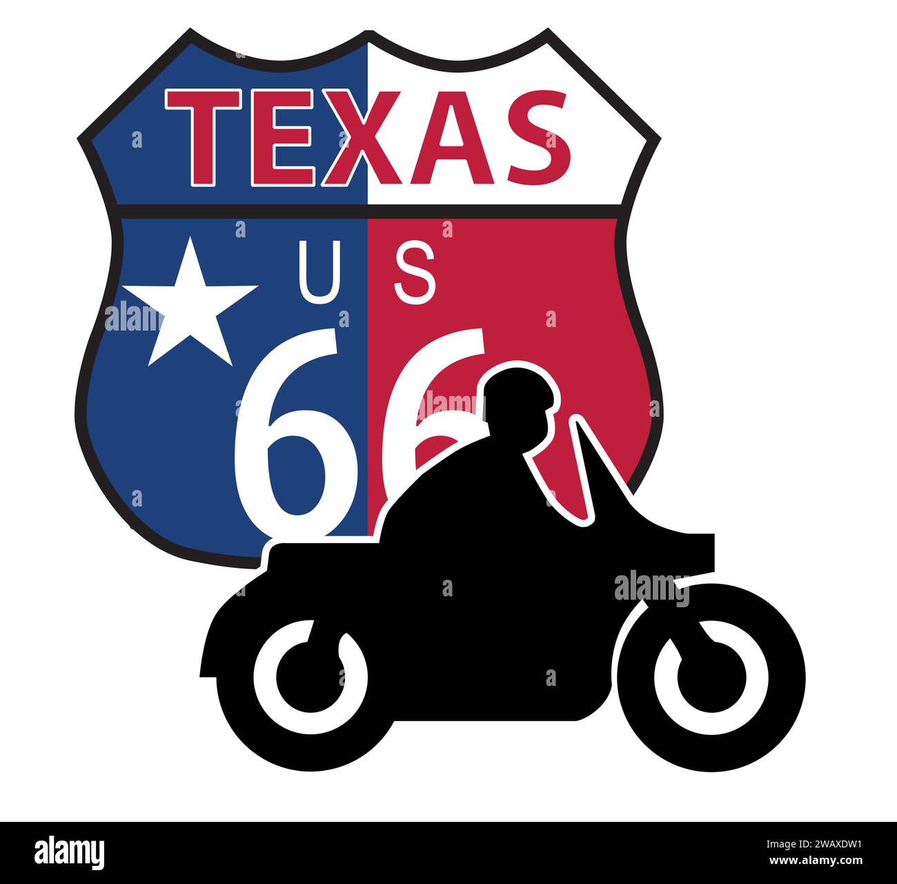 Eine Motorradtour auf der Route 66 mit texanischem Verkehr auf der Flagge hat einen weißen Hintergrund Stock Vektor