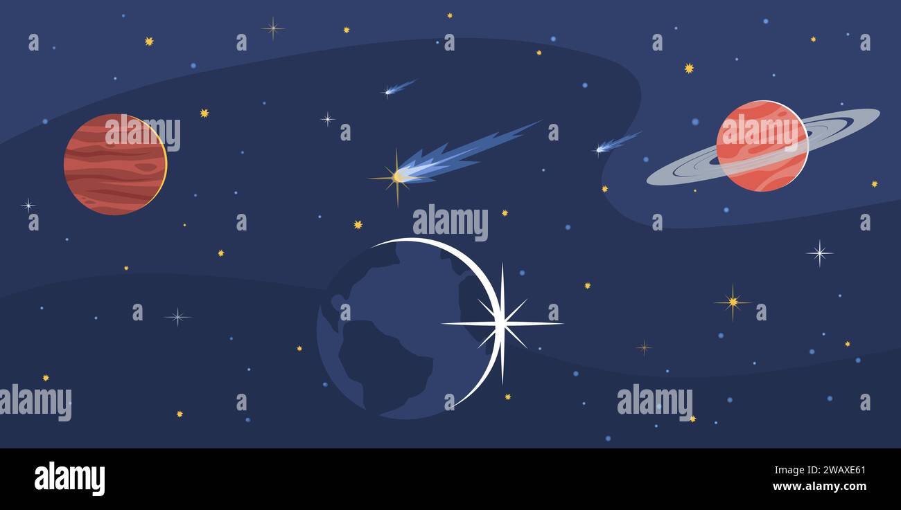 Weltraum mit Planeten, Sternen und Meteoriten. Saturn und mars in schwarzem Himmel, kosmische Erkundungshintergrund, Universumsforschungsbanner. Poster oder Wandbilder Stock Vektor