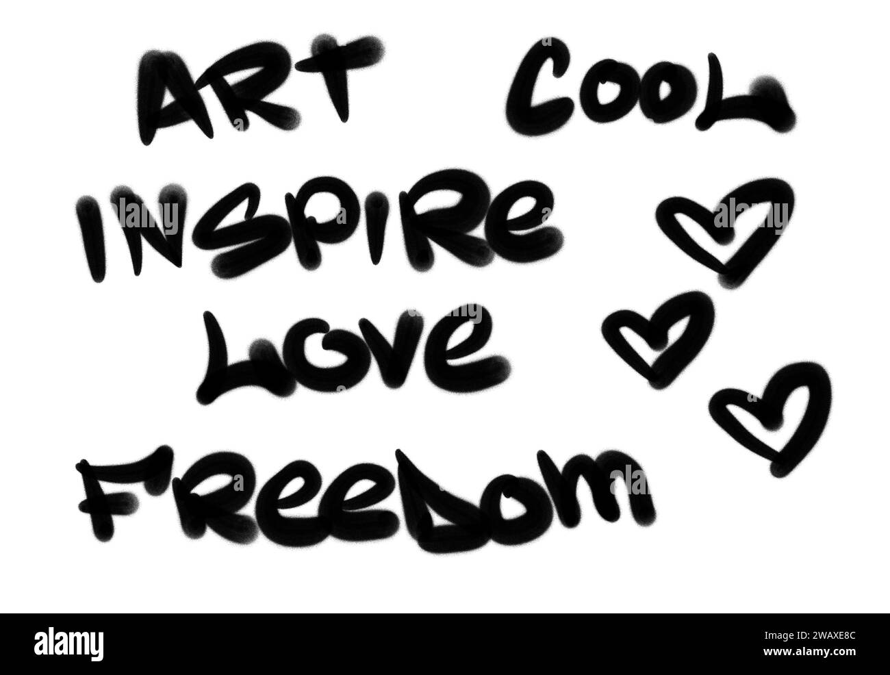 Sammlung von Graffiti Street Art Tags mit Wörtern und Symbolen in schwarzer Farbe auf weißem Hintergrund Stockfoto