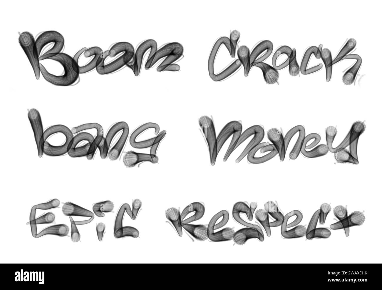 Sammlung von Graffiti Street Art Tags mit Wörtern und Symbolen in schwarzer Farbe auf weißem Hintergrund Stockfoto