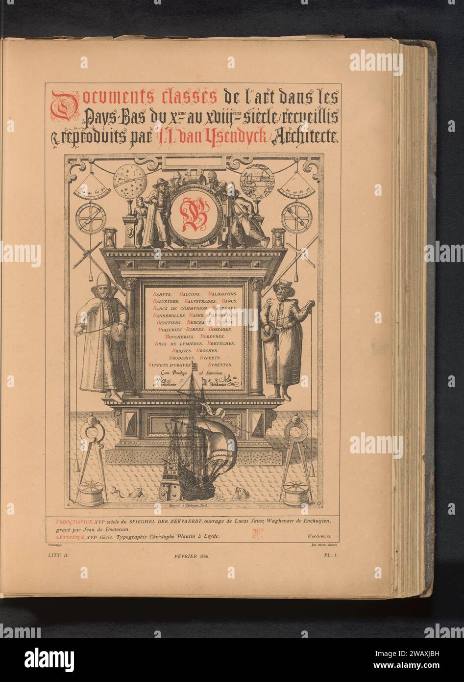 Reproduktion einer Titelseite mit nautischen Instrumenten von Johannes van Doetecum, Anonym, nach Joannes van Doechum (I), nach Christoffel Plantijn, um 1875 - in oder vor 1880 photomechanischer Druck Antwerpafed Design BY: Leidende Papierphotolithographie Positionsbestimmung auf See; nautische Instrumente. Titelseite Stockfoto