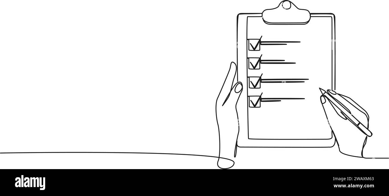 Durchgehende einzeilige Zeichnung der Hände, die die Zwischenablage halten, mit Checkliste, Strichgrafik-Vektor-Illustration Stock Vektor