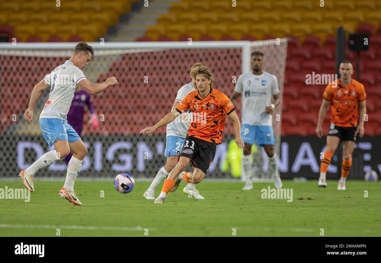 Brisbane, Australien. Januar 2024. Jez Lofthouse (11 Brisbane) in Aktion während eines Spiels der Isuzu Ute A League. Stockfoto