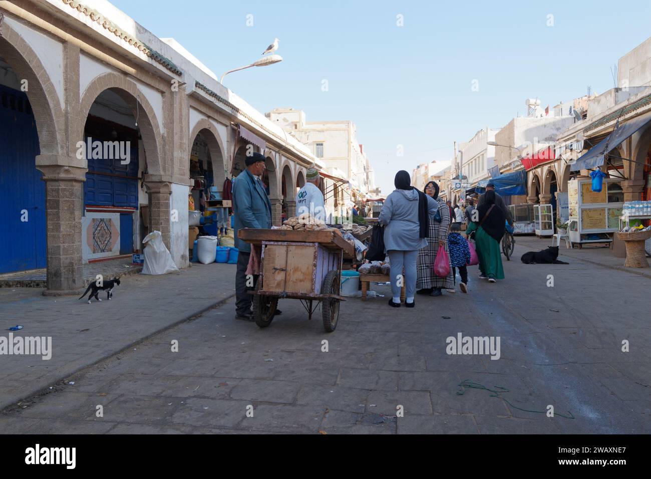 Hauptstraße mit Mittelrinne und Markt in der historischen Medina in der Stadt Essaouira, Marokko. Januar 2024 Stockfoto