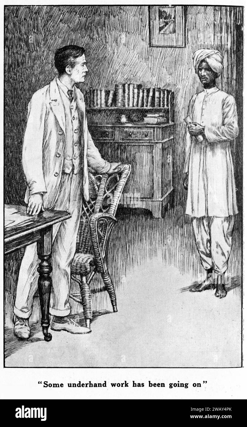 Gravur eines Europäers im Gespräch mit einem indischen Diener in Indien, um 1928. Stockfoto