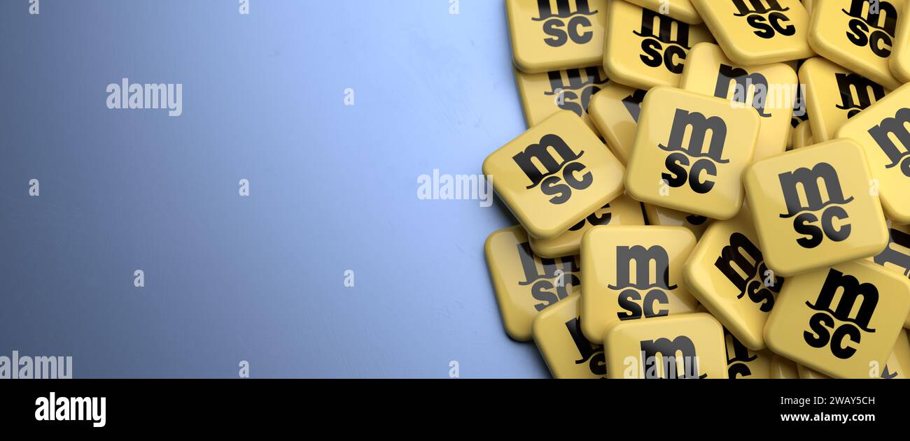 Logo einer der fünf größten Containerreedereien auf einem Tisch: Mediterranean Shipping Co (MSC) Stockfoto