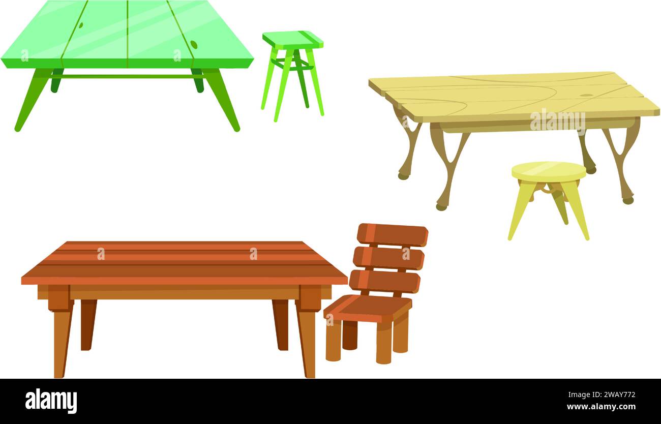 Tisch und Stuhl. Heimische Holzmöbel. Gartenmöbel. Esstisch im Freien. Gartenhocker. Komfortabler Sessel auf der Terrasse. Tischplatte aus Hartholz. Vektorhaus Innere isolierte Objekte Set Stock Vektor