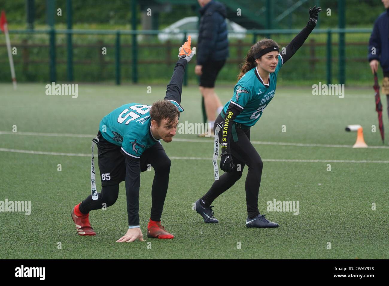 Coventry Cougars gegen Chichester Sharks Flag Football Stockfoto