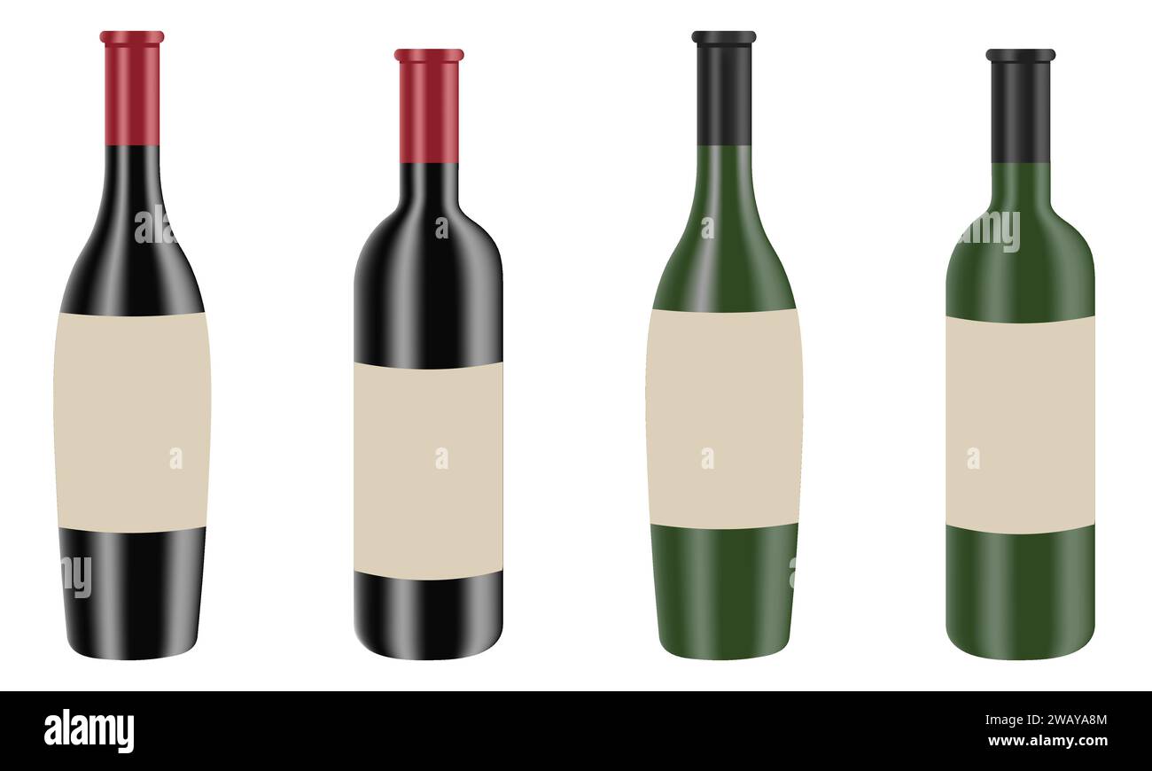 Set realistisch aussehender Rot- und Weißweinflaschen mit leeren Etiketten auf weißem Hintergrund. Speisen und Getränke Stock Vektor