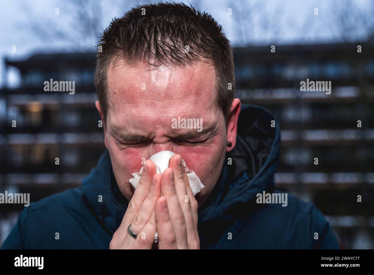 Bayern, Deutschland - 6. Januar 2024: Ein kranker Mann mit Erkältung bläst sich mit einem Papiertaschentuch die Nase *** ein kranker erkälteter Mann putzt sich mit einem Papiertaschentuch die Nase Stockfoto