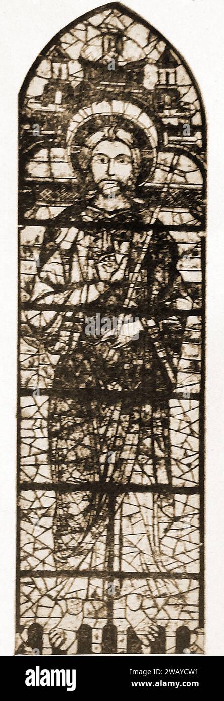 Kathedrale von Chartres, Frankreich 1947 - Ein Bild von Jesus Christus in einem Buntglasfenster. Cathédrale de Chartres, France en 1947 - Une image de Jésus-Christ dans un vitrail. Stockfoto